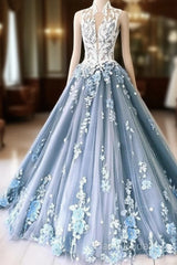Unique High Neck Tulle Lace Long Formal Prom Dresses Blue Tulle Lace Formal Dresses