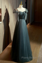 Unique Ink Blue Spotted Off Shoulder Short Sleeve Sequin Ball Dresses Ink Blue A-Line Off Back Tie Bow And Floor Length Formal Prom Dresses