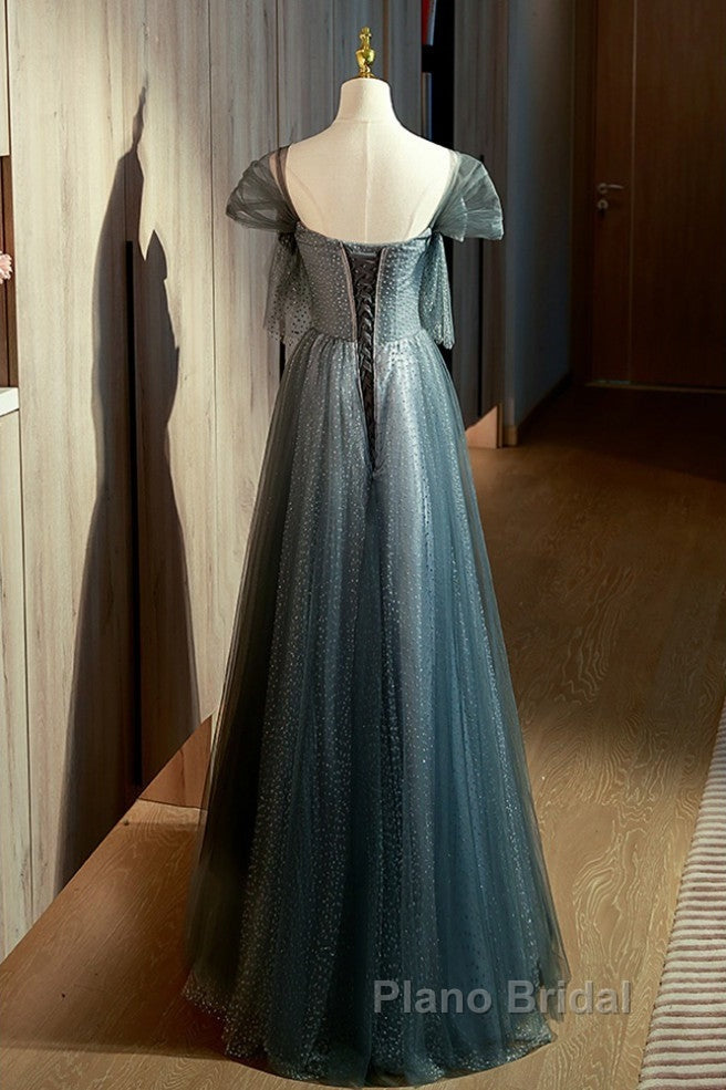 Unique Ink Blue Spotted Off Shoulder Short Sleeve Sequin Ball Dresses Ink Blue A-Line Off Back Tie Bow And Floor Length Formal Prom Dresses