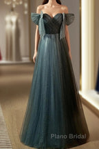 Unique Ink Blue Spotted Off Shoulder Short Sleeve Sequin Ball Dresses Ink Blue A-Line Off Back Tie Bow And Floor Length Formal Prom Dresses