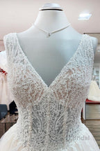 Unique Ivory Long Princess V-neck Tulle Lace Wedding Dress