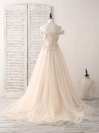 Unique  Lace Applique Tulle Long Champagne Prom Dresses Sweet 16 Dress