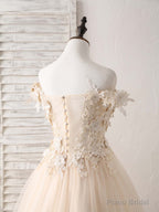 Unique  Lace Applique Tulle Long Champagne Prom Dresses Sweet 16 Dress