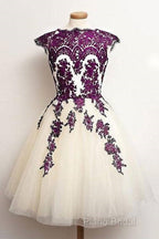 Unique Lace Tulle Short Formal Prom Dresses, Lace Bridesmaid Dresses