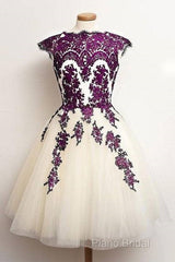 Unique Lace Tulle Short Formal Prom Dresses, Lace Bridesmaid Dresses