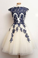 Unique Lace Tulle Short Formal Prom Dresses, Lace Bridesmaid Dresses