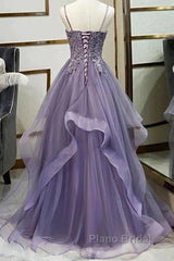 Unique Long Tulle Spaghetti Straps Formal Prom Dresses Evening Dresses With Lace Applique,