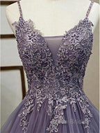 Unique Long Tulle Spaghetti Straps Formal Prom Dresses Evening Dresses With Lace Applique,