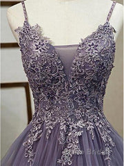 Unique Long Tulle Spaghetti Straps Formal Prom Dresses Evening Dresses With Lace Applique,