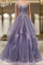 Unique Long Tulle Spaghetti Straps Formal Prom Dresses Evening Dresses With Lace Applique,