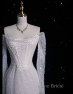 Unique Mermaid Off The Shoulder Long Sleeves Wedding Dresses Sequin Brides Dresses