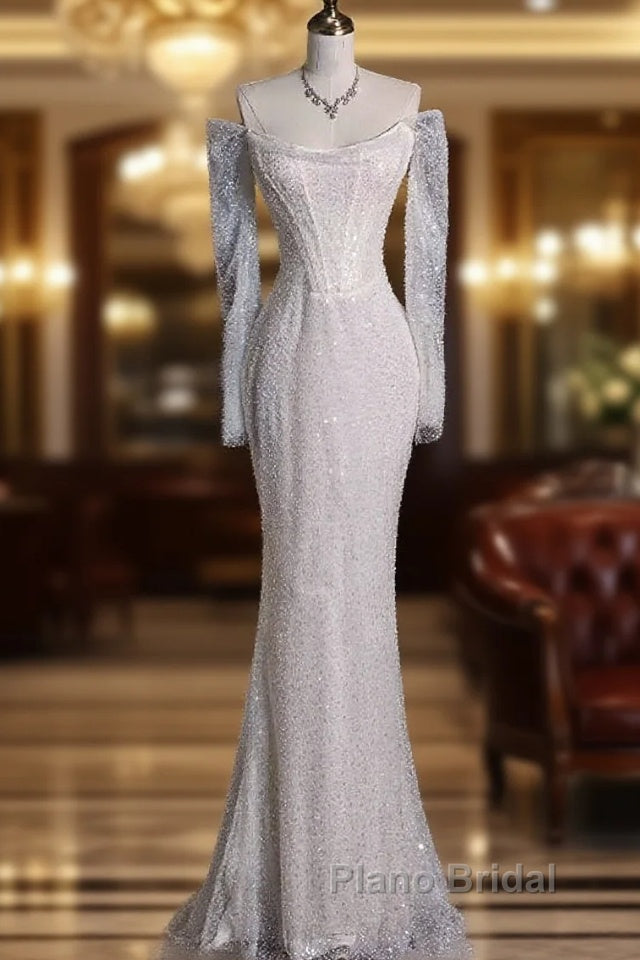 Unique Mermaid Off The Shoulder Long Sleeves Wedding Dresses Sequin Brides Dresses Main image