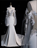 Unique Mermaid Off The Shoulder Long Tulle White Wedding Dresses Brides Dresses