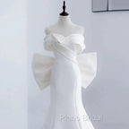 Unique Mermaid Off The Shoulder Long White Satin Wedding Dresses