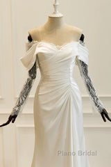 Unique Mermaid Off The Shoulder Pleats Satin Long Sleeves Wedding Dresses Brides Dresses