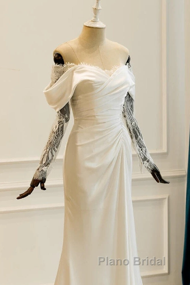 Unique Mermaid Off The Shoulder Pleats Satin Long Sleeves Wedding Dresses Brides Dresses