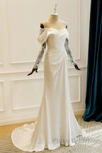 Unique Mermaid Off The Shoulder Pleats Satin Long Sleeves Wedding Dresses Brides Dresses
