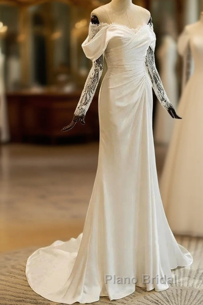 Unique Mermaid Off The Shoulder Pleats Satin Long Sleeves Wedding Dresses Brides Dresses Main image