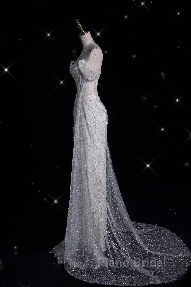 Unique Mermaid Off The Shoulder Sequin Short Sleeves White Wedding Dresses Brides Dresses