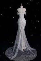 Unique Mermaid Off The Shoulder Sequin Short Sleeves White Wedding Dresses Brides Dresses