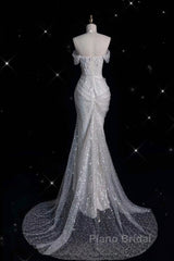 Unique Mermaid Off The Shoulder Sequin Short Sleeves White Wedding Dresses Brides Dresses