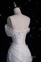 Unique Mermaid Off The Shoulder Sequin Short Sleeves White Wedding Dresses Brides Dresses