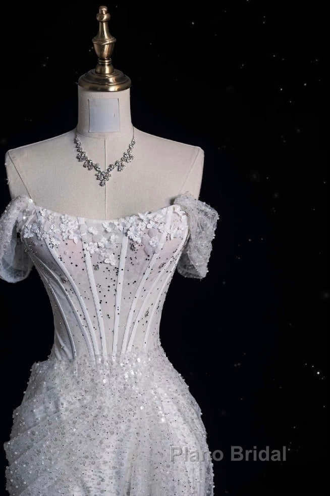 Unique Mermaid Off The Shoulder Sequin Short Sleeves White Wedding Dresses Brides Dresses