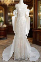 Unique Mermaid Off The Shoulder Short Sleeves Long White Sequin Wedding Dresses