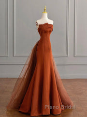 Unique Mermaid Satin Brown Long Formal Prom Dresses, Brown Long Evening Dresses