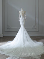 Unique Mermaid Scoop Neckline Long Sleeves Wedding Dresses White Brides Dresses