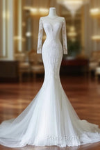Unique Mermaid Scoop Neckline Long Sleeves Wedding Dresses White Brides Dresses