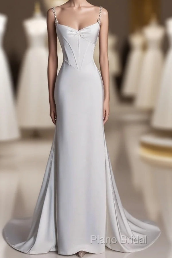 Unique Mermaid Spaghetti Straps Satin White Wedding Dresses Brides Dresses Main image