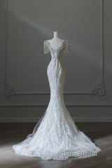 Unique Mermaid Square Neckline Short Sleeves Wedding Dresses White Brides Dresses