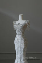 Unique Mermaid Square Neckline Short Sleeves Wedding Dresses White Brides Dresses