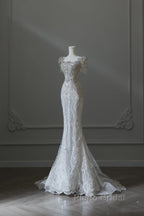 Unique Mermaid Square Neckline Short Sleeves Wedding Dresses White Brides Dresses