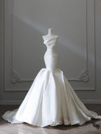 Unique Mermaid Strapless Ivory Satin Wedding Dresses Brides Dresses