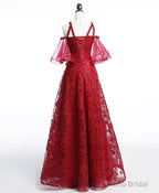 Unique Off Shoulder Tulle Lace Burgundy Long Prom Dress, Evening Dress