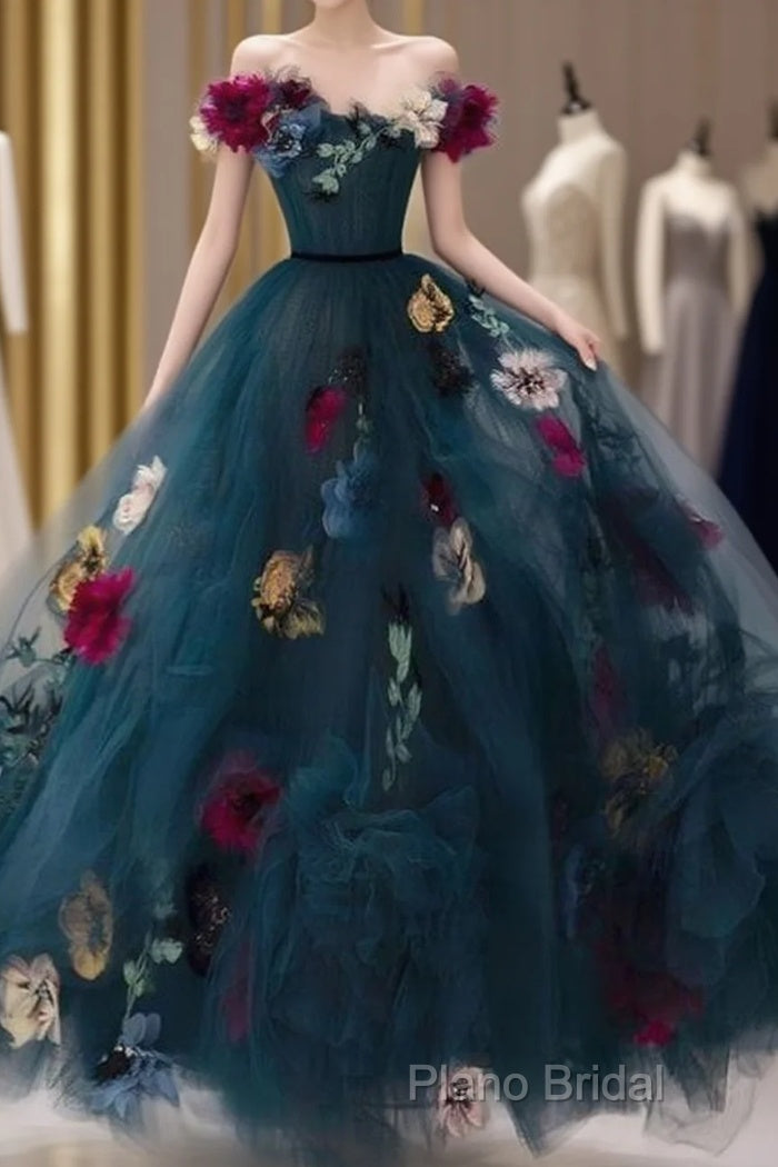 Unique Off The Shoulder Tulle Appliques Long Formal Dresses Formal Prom Dresses Main image