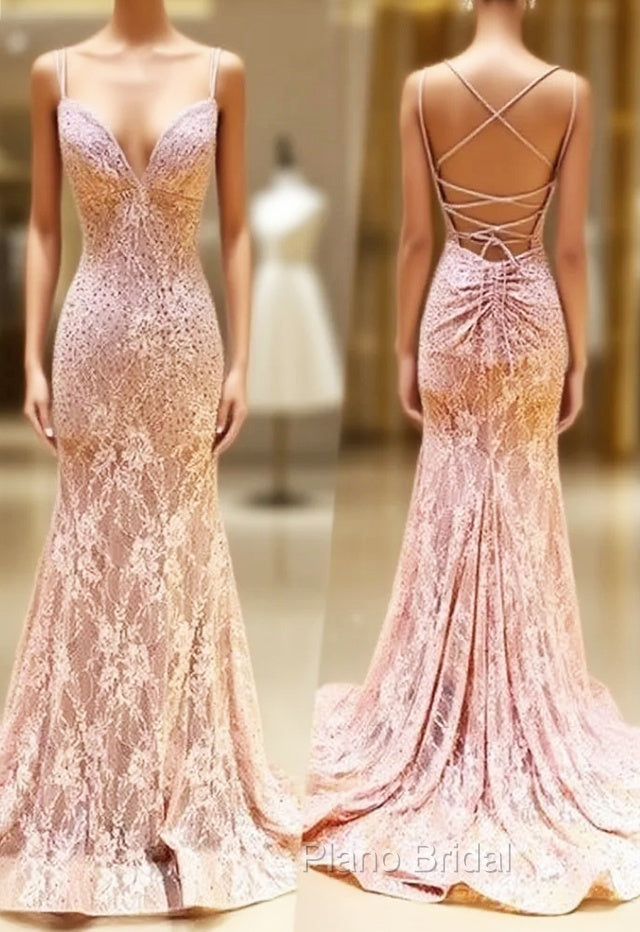 Unique Pink Long Mermaid Open Back Lace Dresses, Senior Formal Prom Dresses