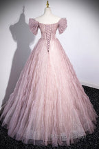 Unique Powder Blusher Pink Glitter Sequins Off Shoulder Rhinestone Applique Short Sleeve Formal Prom Dresses Powder Blusher Pink A-Line Princess Backless Strap Long Evening Dresses