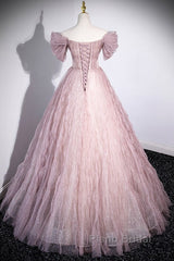 Unique Powder Blusher Pink Glitter Sequins Off Shoulder Rhinestone Applique Short Sleeve Formal Prom Dresses Powder Blusher Pink A-Line Princess Backless Strap Long Evening Dresses