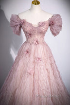 Unique Powder Blusher Pink Glitter Sequins Off Shoulder Rhinestone Applique Short Sleeve Formal Prom Dresses Powder Blusher Pink A-Line Princess Backless Strap Long Evening Dresses