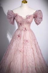 Unique Powder Blusher Pink Glitter Sequins Off Shoulder Rhinestone Applique Short Sleeve Formal Prom Dresses Powder Blusher Pink A-Line Princess Backless Strap Long Evening Dresses
