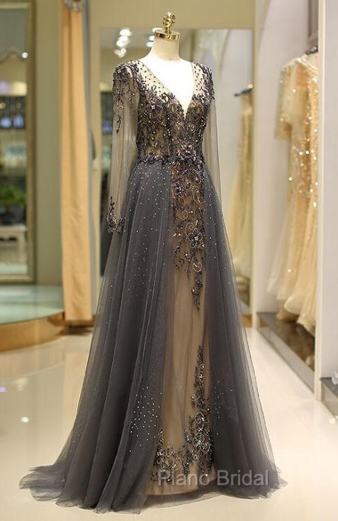 Unique Formal Prom Dresses Long Sleeves Tulle V-Neck Neckline Floor-Length A-Line,Evening Dresses, Formal Dresses
