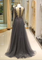 Unique Formal Prom Dresses Long Sleeves Tulle V-Neck Neckline Floor-Length A-Line,Evening Dresses, Formal Dresses