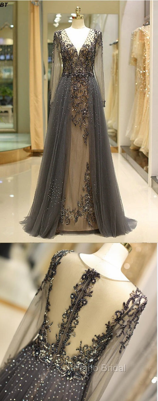 Unique Formal Prom Dresses Long Sleeves Tulle V-Neck Neckline Floor-Length A-Line,Evening Dresses, Formal Dresses