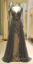 Unique Formal Prom Dresses Long Sleeves Tulle V-Neck Neckline Floor-Length A-Line,Evening Dresses, Formal Dresses