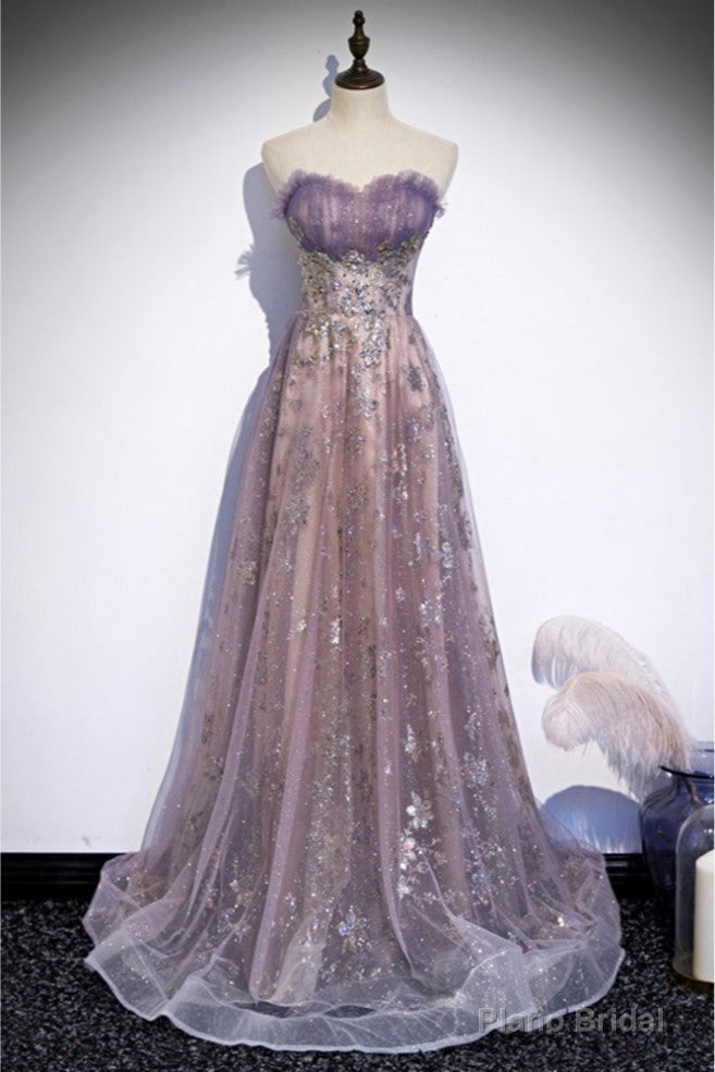 Unique Purple Tulle Prom Dress with Sparkly Sequins