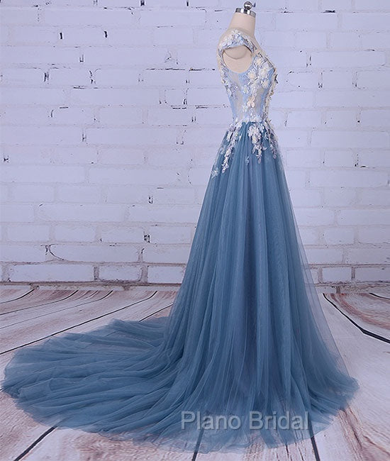 Unique Round Neck Applique Tulle Long Formal Prom Dresses, Tulle Evening Dresses Secondary image