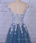 Unique Round Neck Applique Tulle Long Formal Prom Dresses, Tulle Evening Dresses